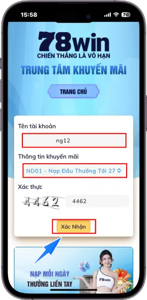 Bước 4 : Nhập tên đăng nhập - Chọn khuyến mãi ND01 - Nhập mã xác thực - Chờ hệ thống xét duyệt
